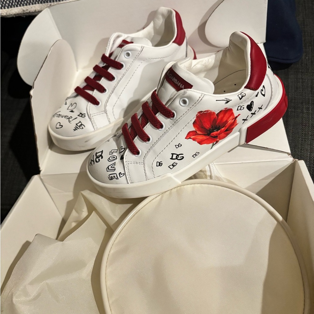 Dolce & Gabbana White and Red Floral Sneakers
